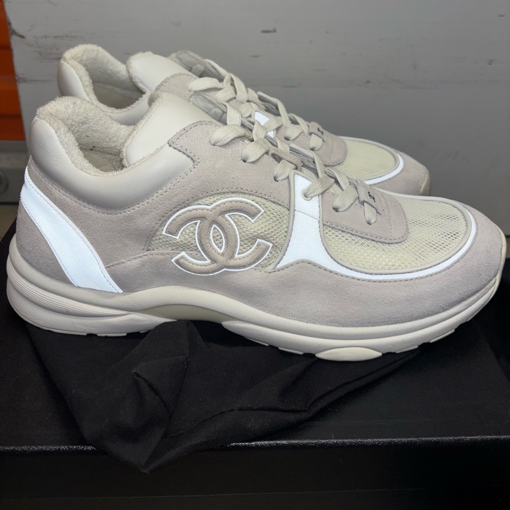 CHANEL REFLECTIVE TRIPLE WHITE SNEAKERS